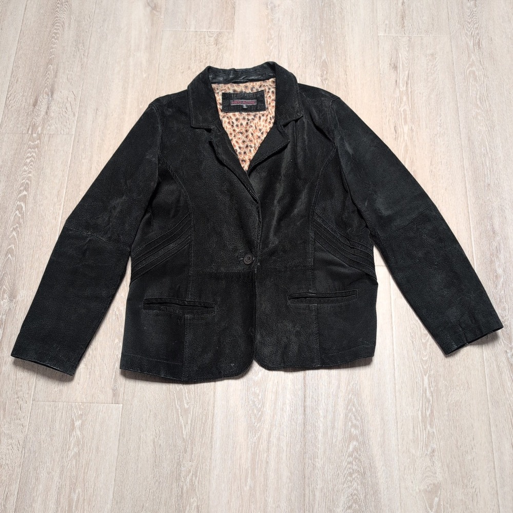 Hypo‎ Active Black Suede Genuine Leather Blazer Womens 1X Leopard Print Lined